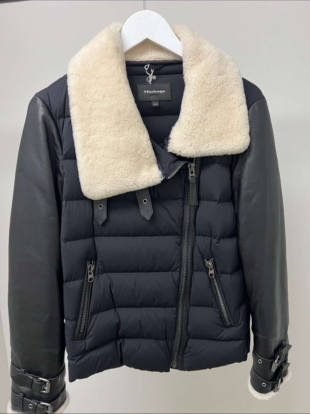 Mackage Black Puffer Jacket with Cream Shearling Collar